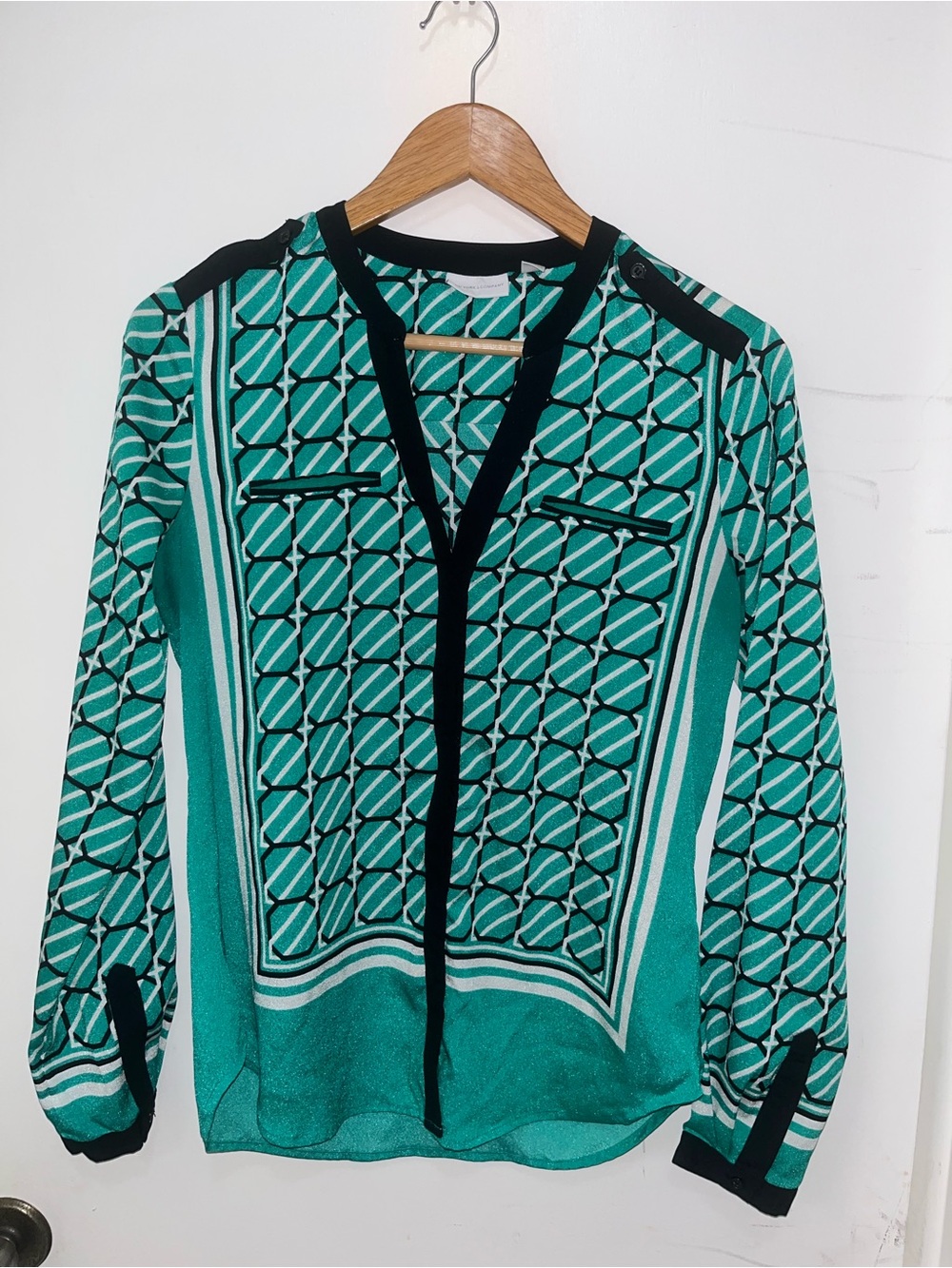 Geometric Print Blouse - Green, Black & White